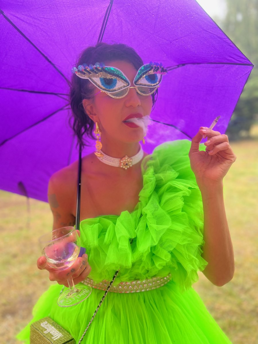 Lime ruffles and a purple parasol
